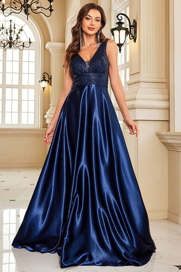 Navy Satin A-Line formell kjole med paljetter